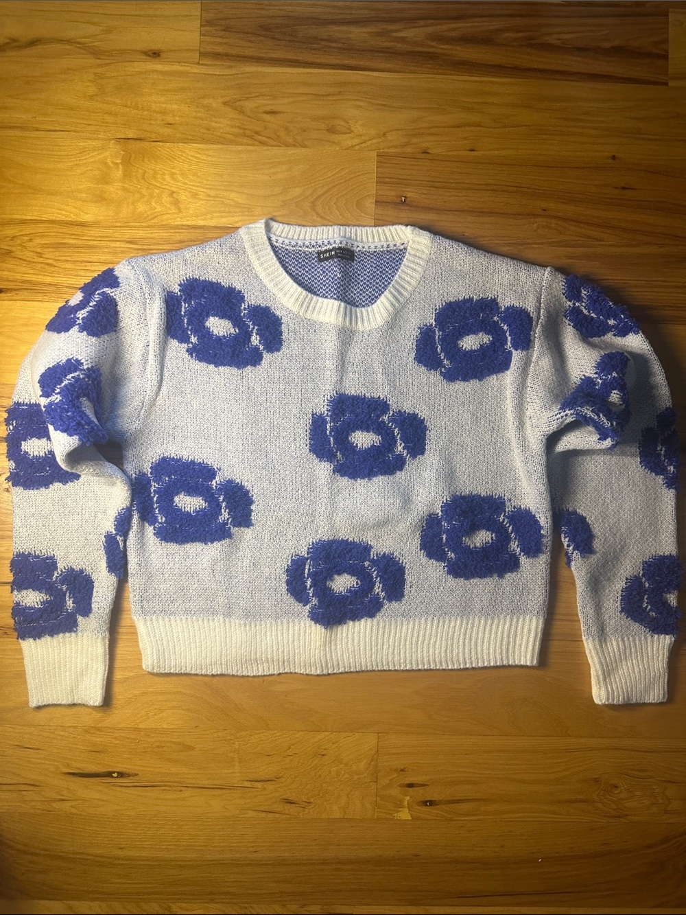 SHEIN Blue Floral Crewneck Sweater on White